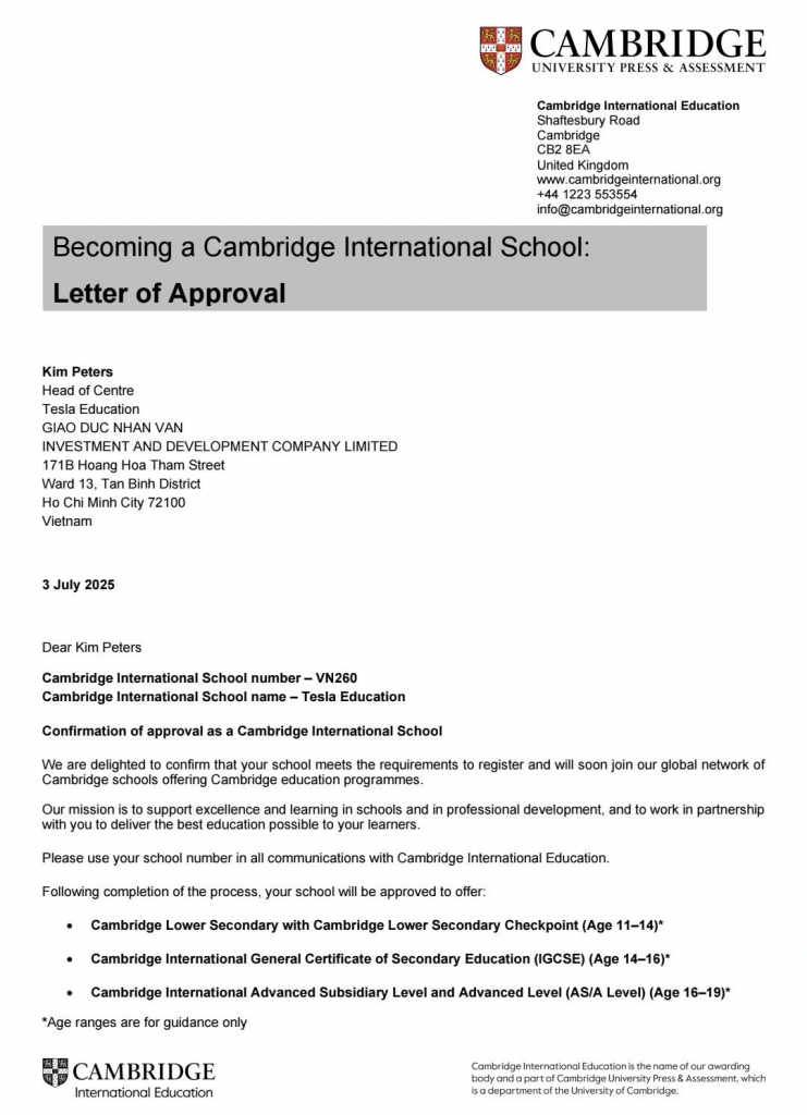 Tesla chính thức trở thành Trường Cambridge Quốc tế (Cambridge International School)